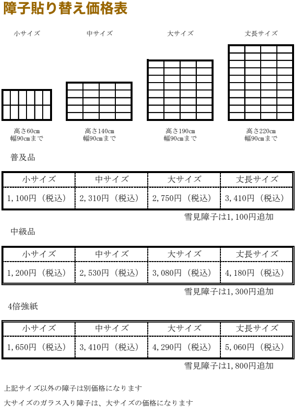 障子張替価格表